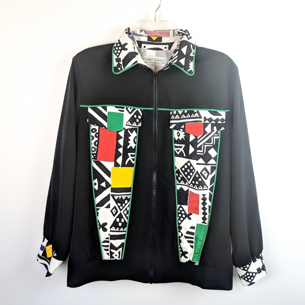 VINTAGE Three Flaggs 80s Art Deco Pattern Full Zip Bomber Jacket